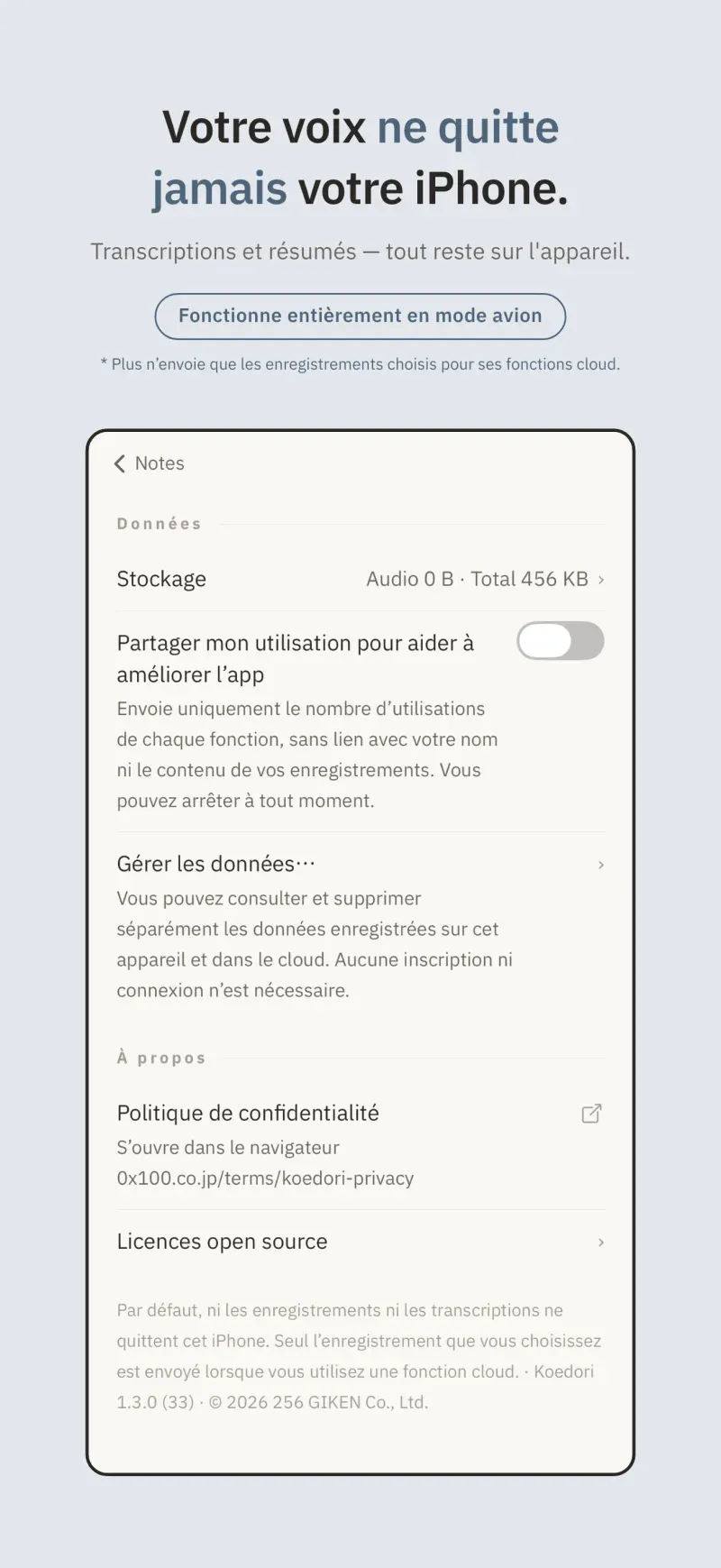 Par défaut, l'audio et les transcriptions ne quittent jamais votre iPhone.
