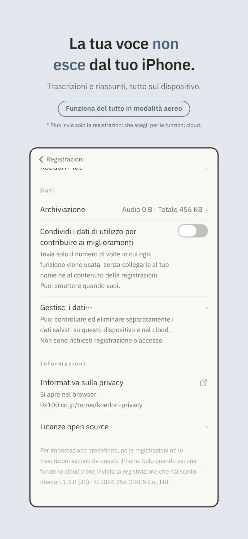 Per impostazione predefinita, audio e trascrizioni non escono mai dal tuo iPhone.