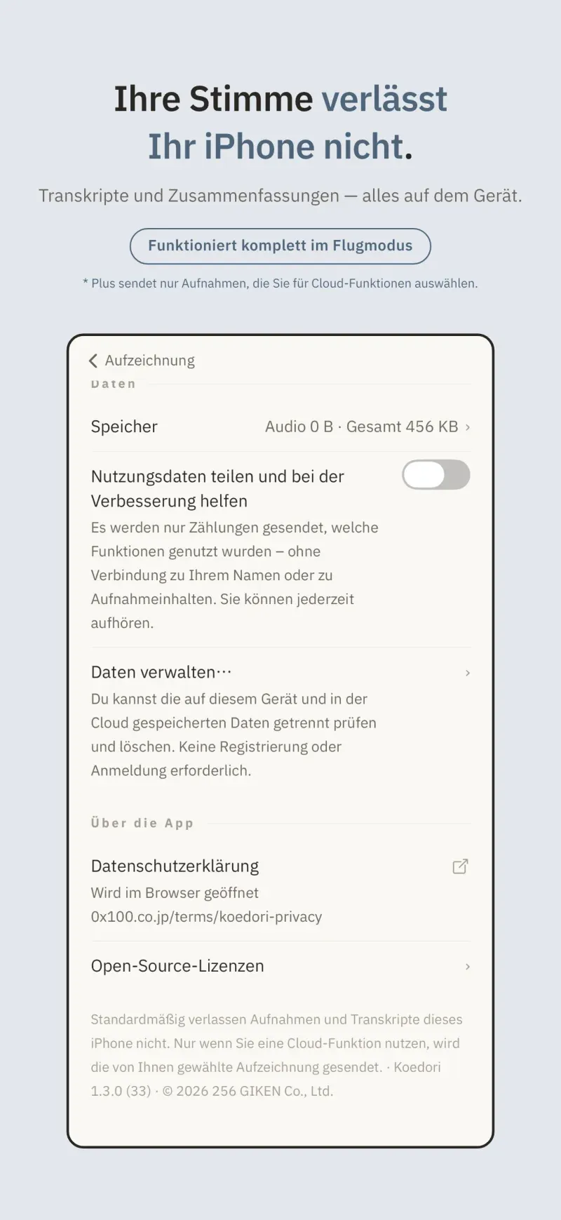 Standardmäßig verlassen Audio und Transkripte Ihr iPhone nie.