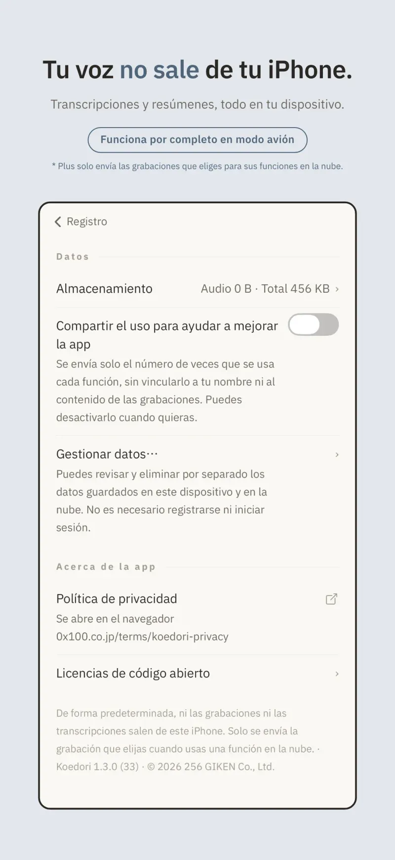 Por defecto, el audio y las transcripciones nunca salen de tu iPhone.