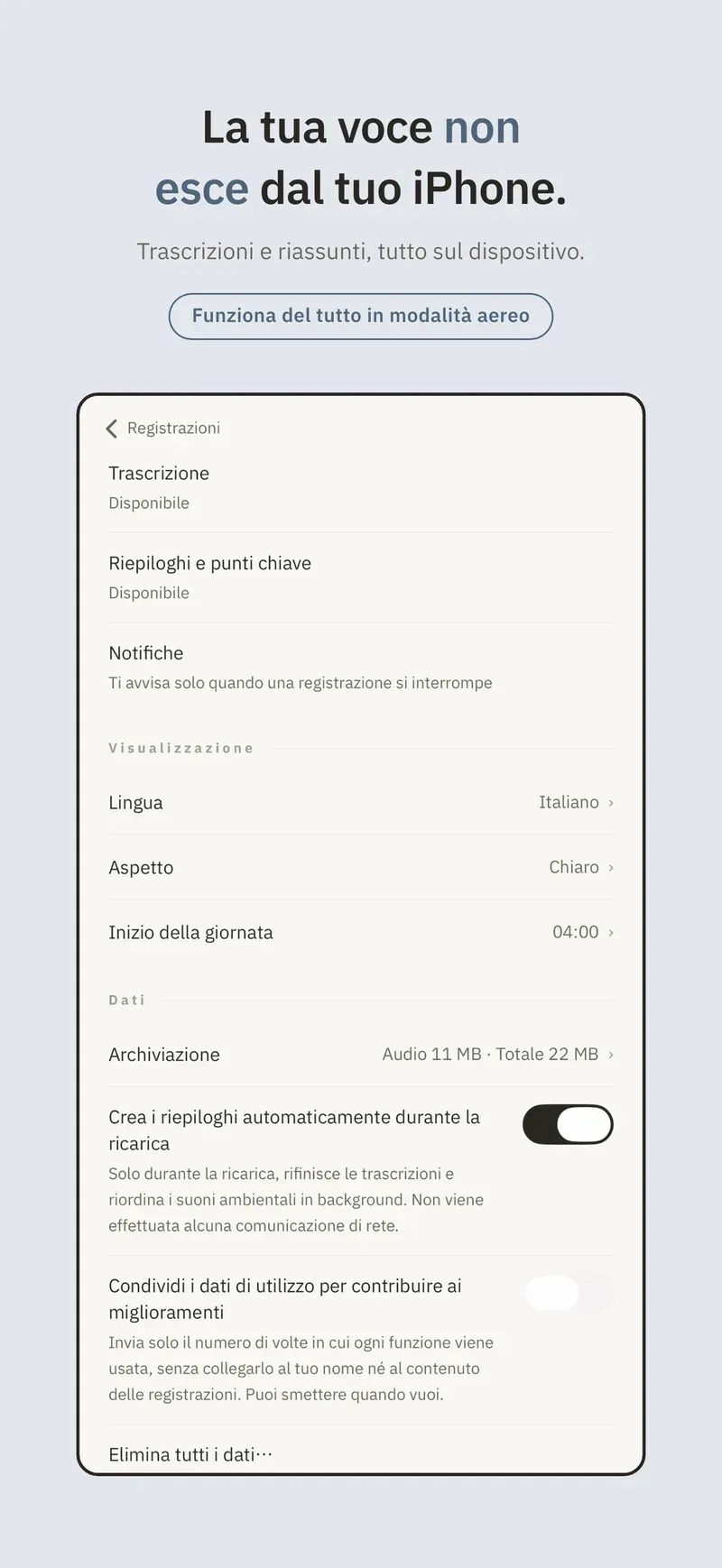 L'audio e il testo non escono mai dal tuo iPhone.