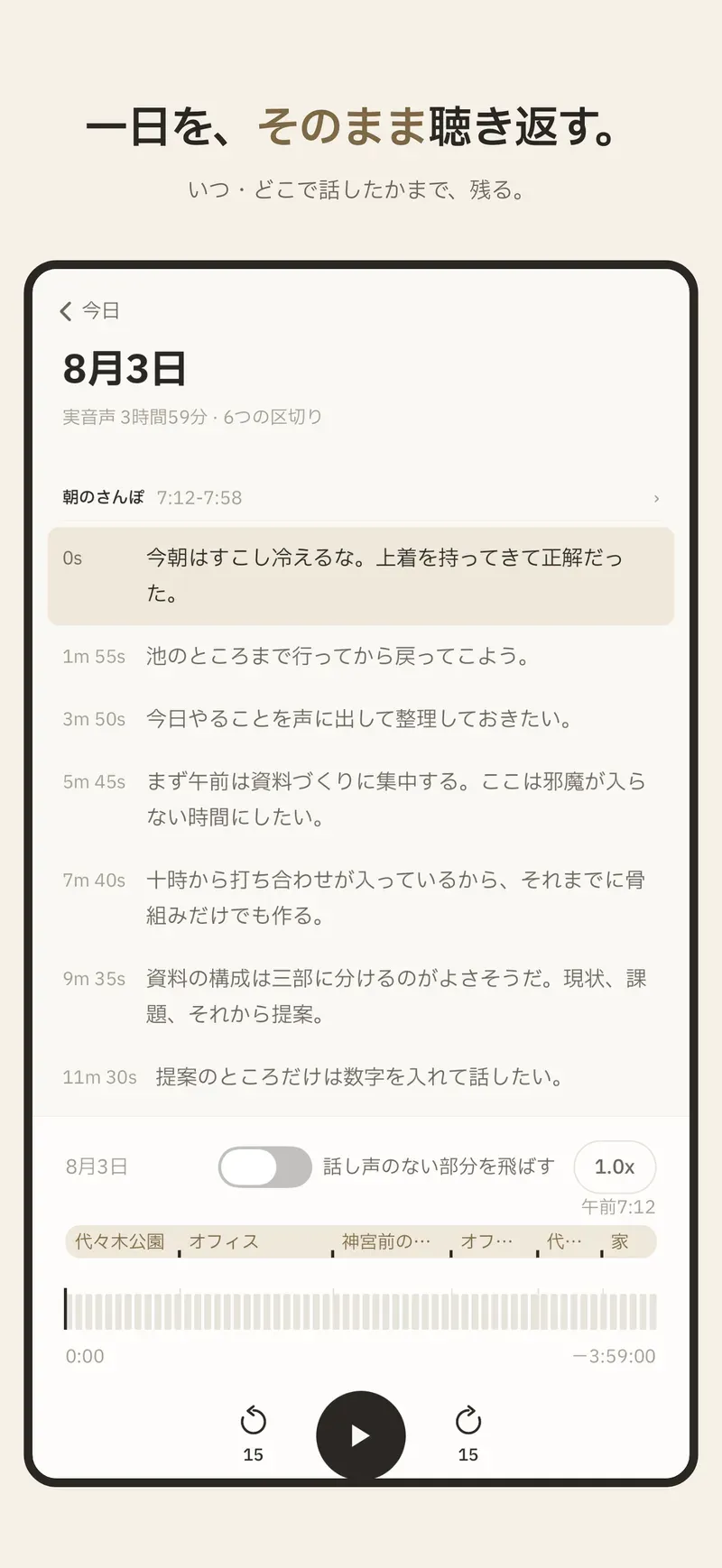 一日プレイヤーで、朝から夜までひとつづきに聴き返せます。
