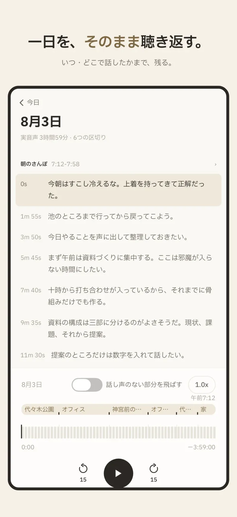 一日プレイヤーで、朝から夜までひとつづきに聴き返せます。