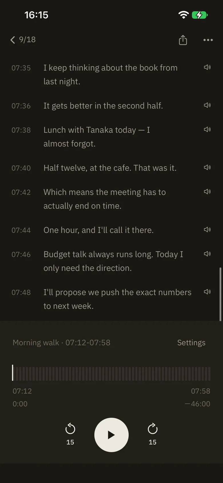 La registrazione di Koedori «Passeggiata del mattino · 07:12-07:58», con le frasi dalle 07:35 alle 07:46; l’ultima è «Sul budget si va sempre per le lunghe. Oggi mi serve solo la direzione.»